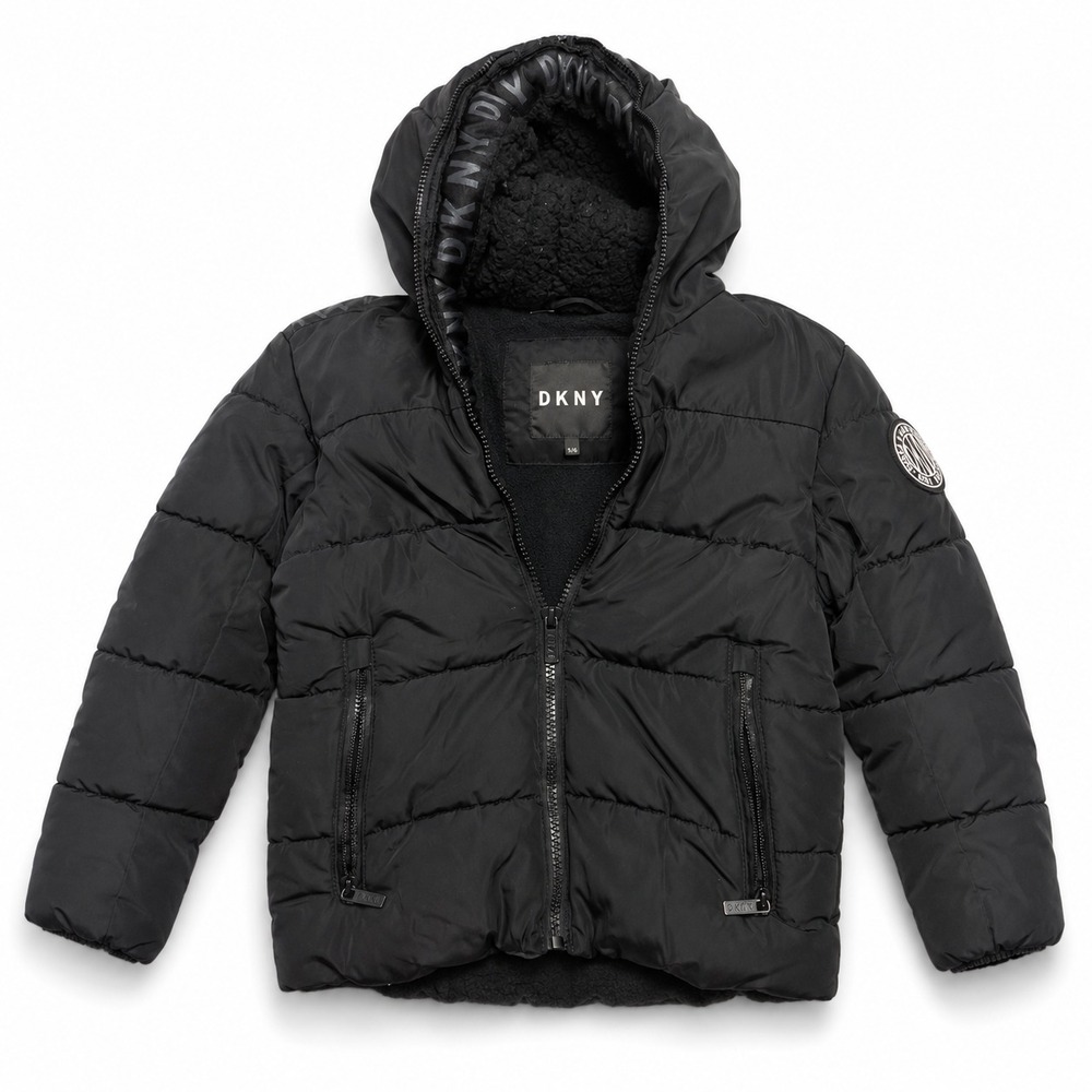 DKNY Boys Black Puffer Jacket Size 5/6 Fleece Lined Hooded Winter Coat - Picture 2 of 8